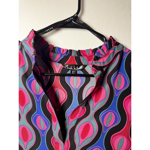 Nicole Miller Geometric Groovy Print V Neck Ruffle Sleeve Blouse Womens M NWOT - Picture 2 of 5